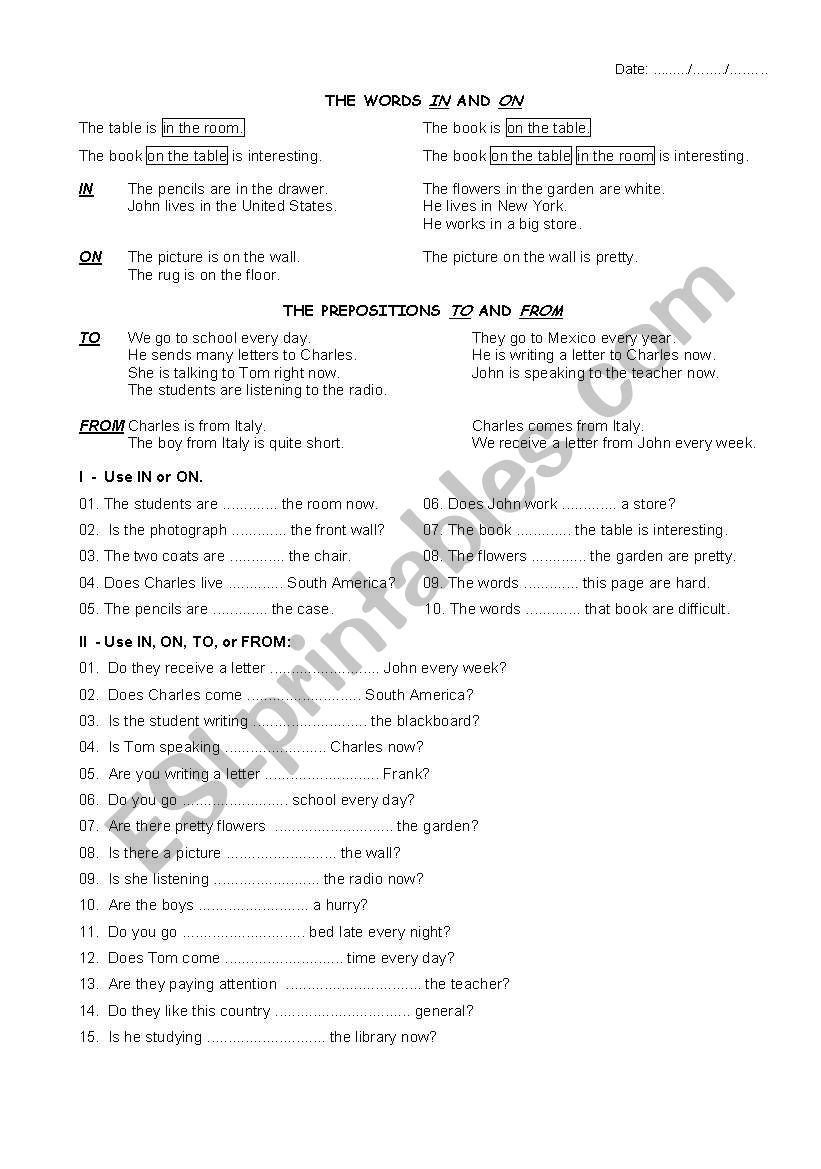 Prepositions worksheet