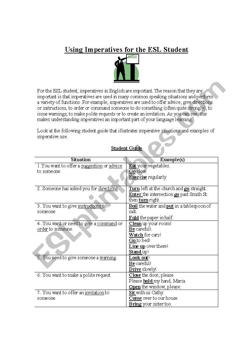 Using Imperatives in English - Review Lesson, Student Guide, Exercise and Answer Sheet