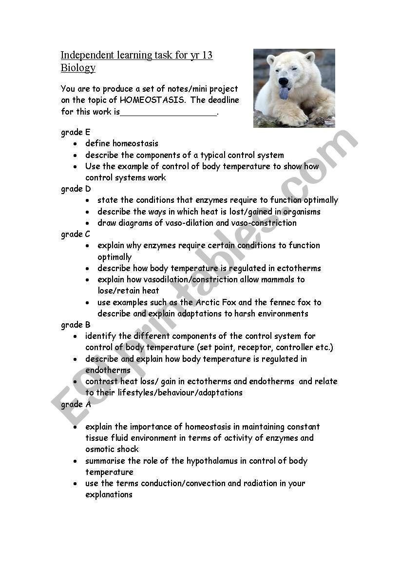 independent learning task year A2 biology