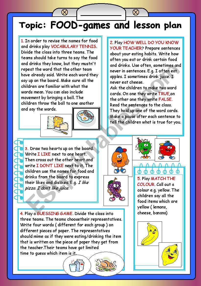 food-lesson plan and games worksheet