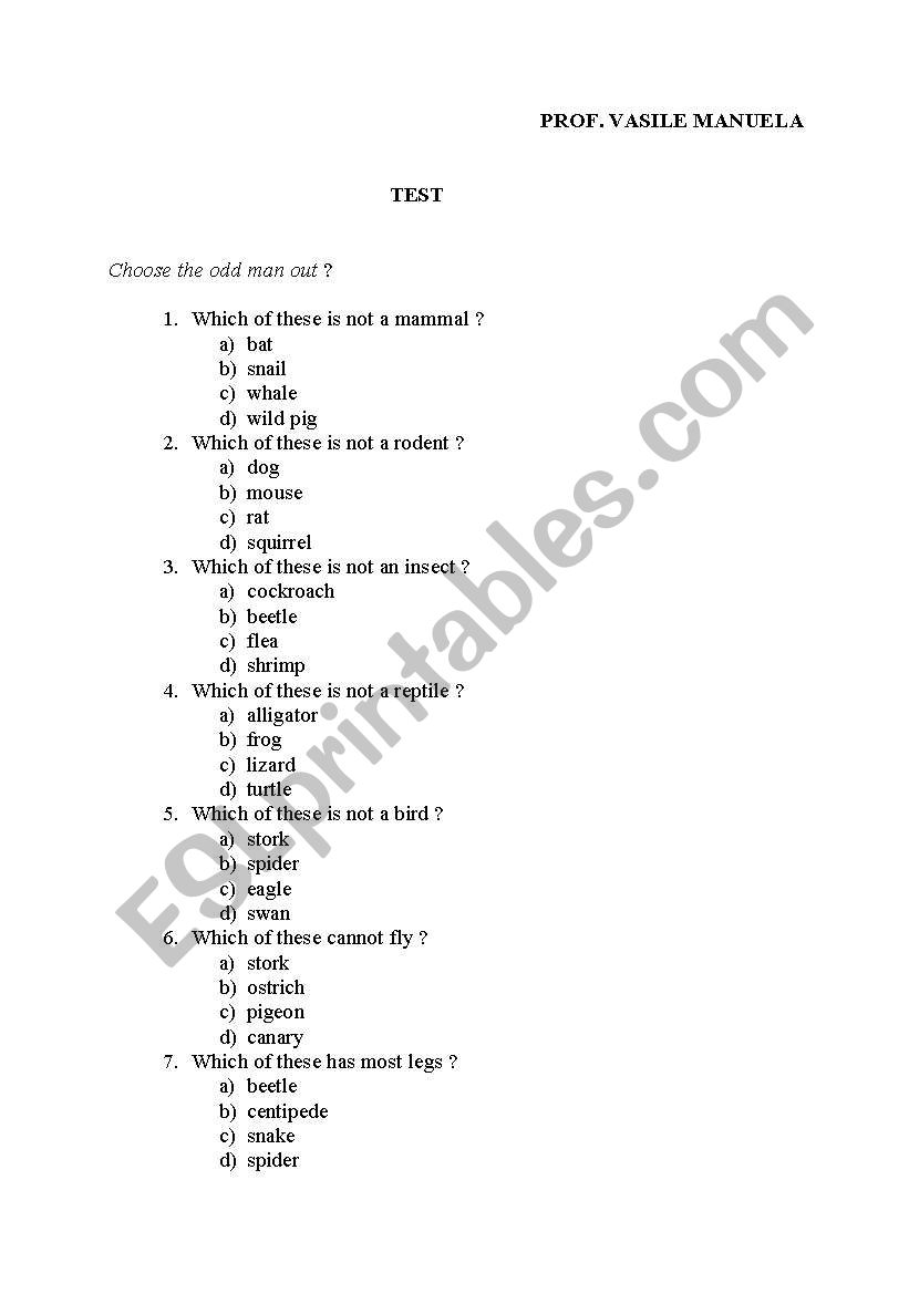 Test - animals worksheet