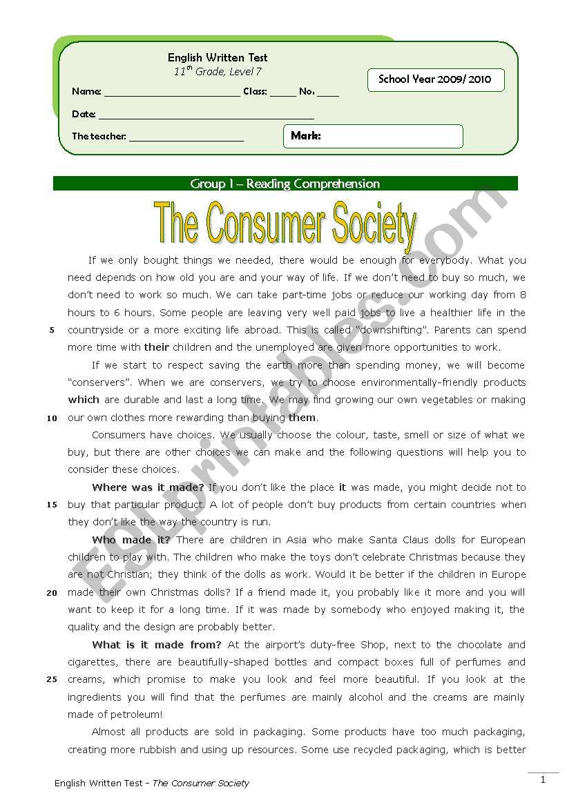 The Consumer Society (11th grade) + correction
