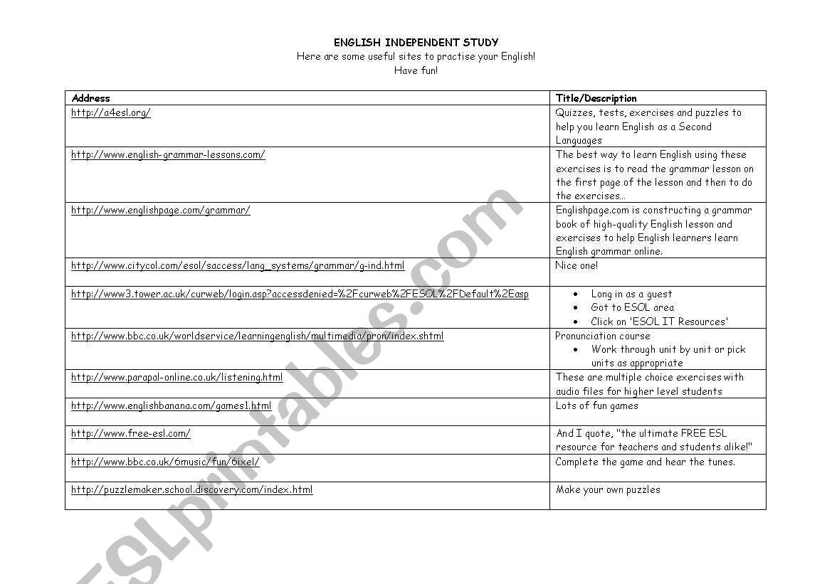 Independent study worksheet