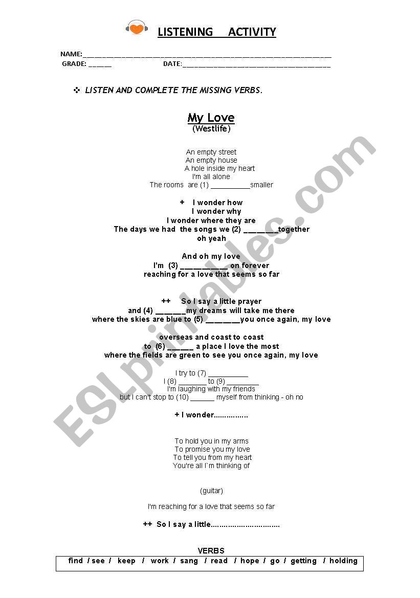 MY LOVE-WESTLIFE worksheet