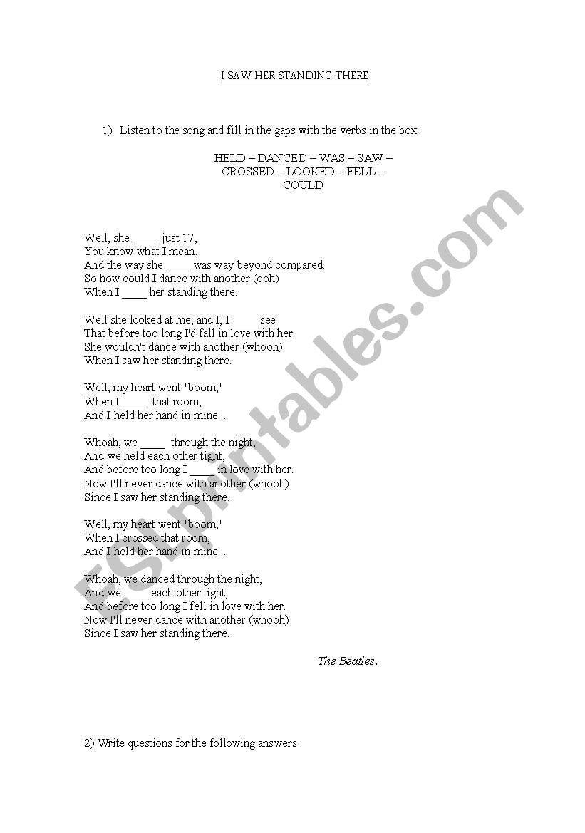 I SAW HER STANDING  worksheet