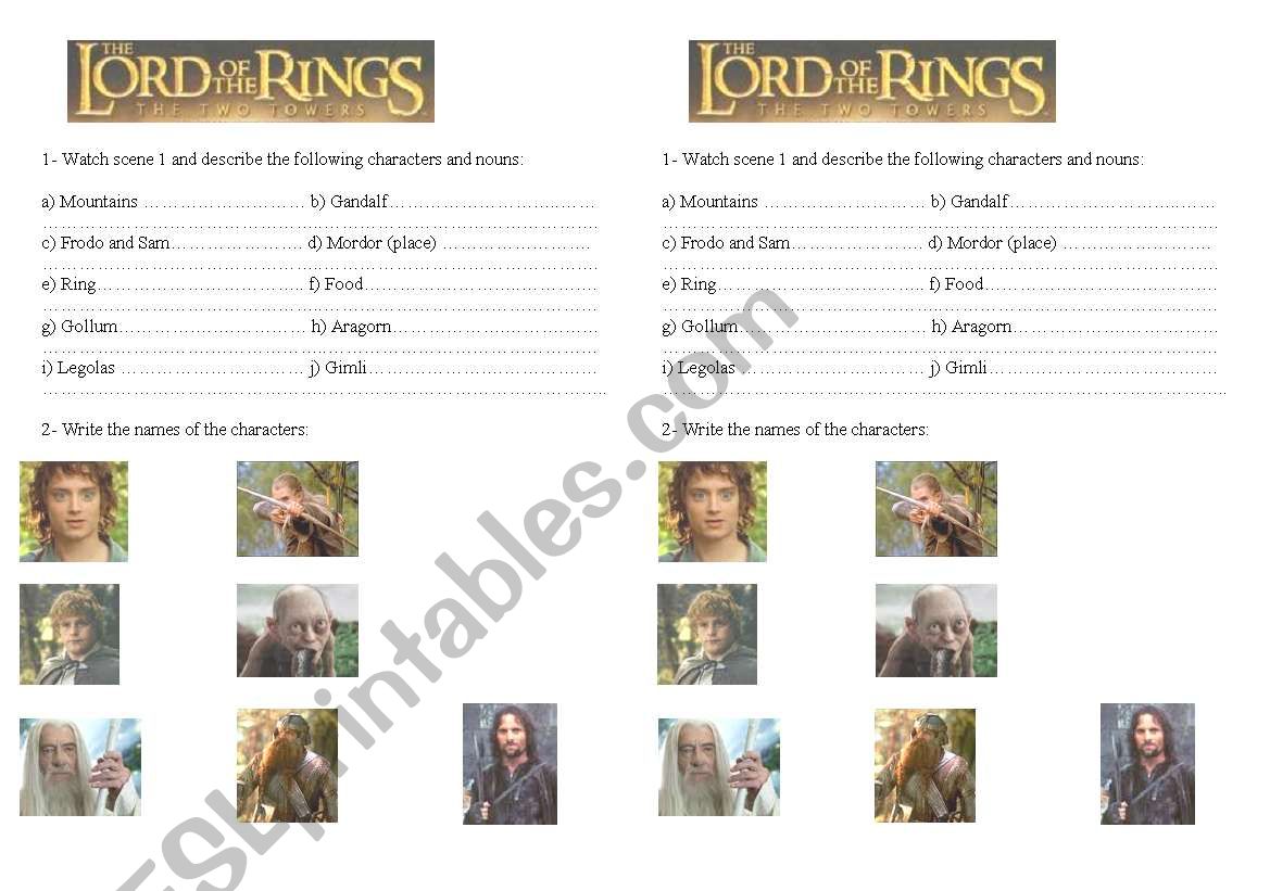 Lord of the Ring 2 worksheet