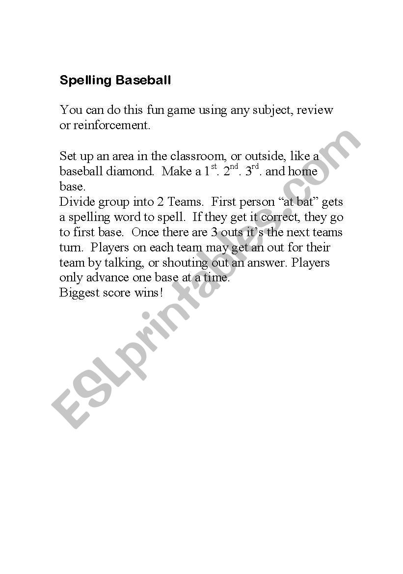 Baseball Spelling Game worksheet