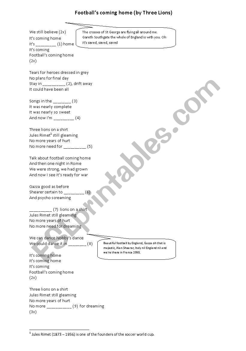 Worksheet Three Lions - Football´s coming home