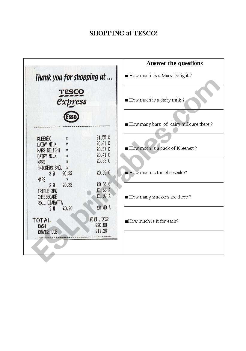 Shopping at tesco worksheet