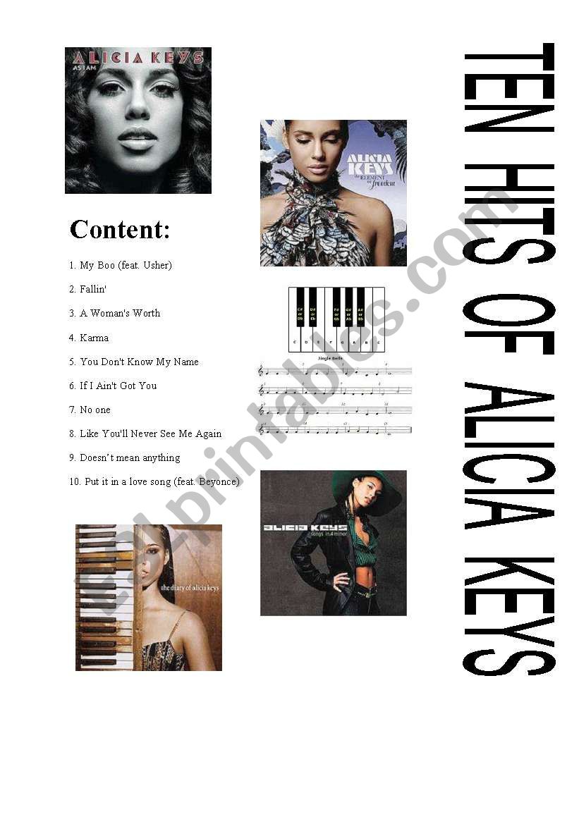 TEN GREATEST HITS OF ALICIA KEY (song-based activities, fully editable, answer key included)
