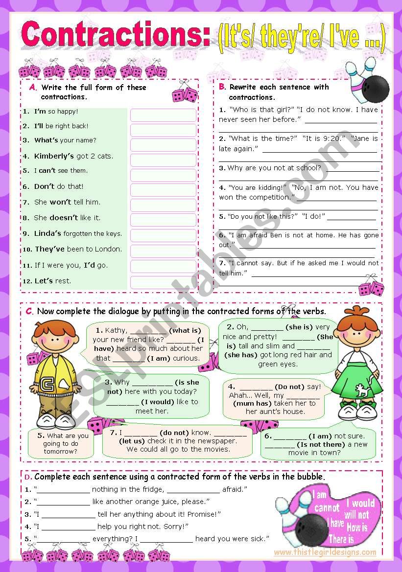 Contractions/ Short forms (It´s, I´m, He´s, They´re) - ESL worksheet by  mena22