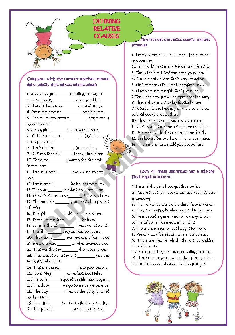 Defining relative clauses worksheet