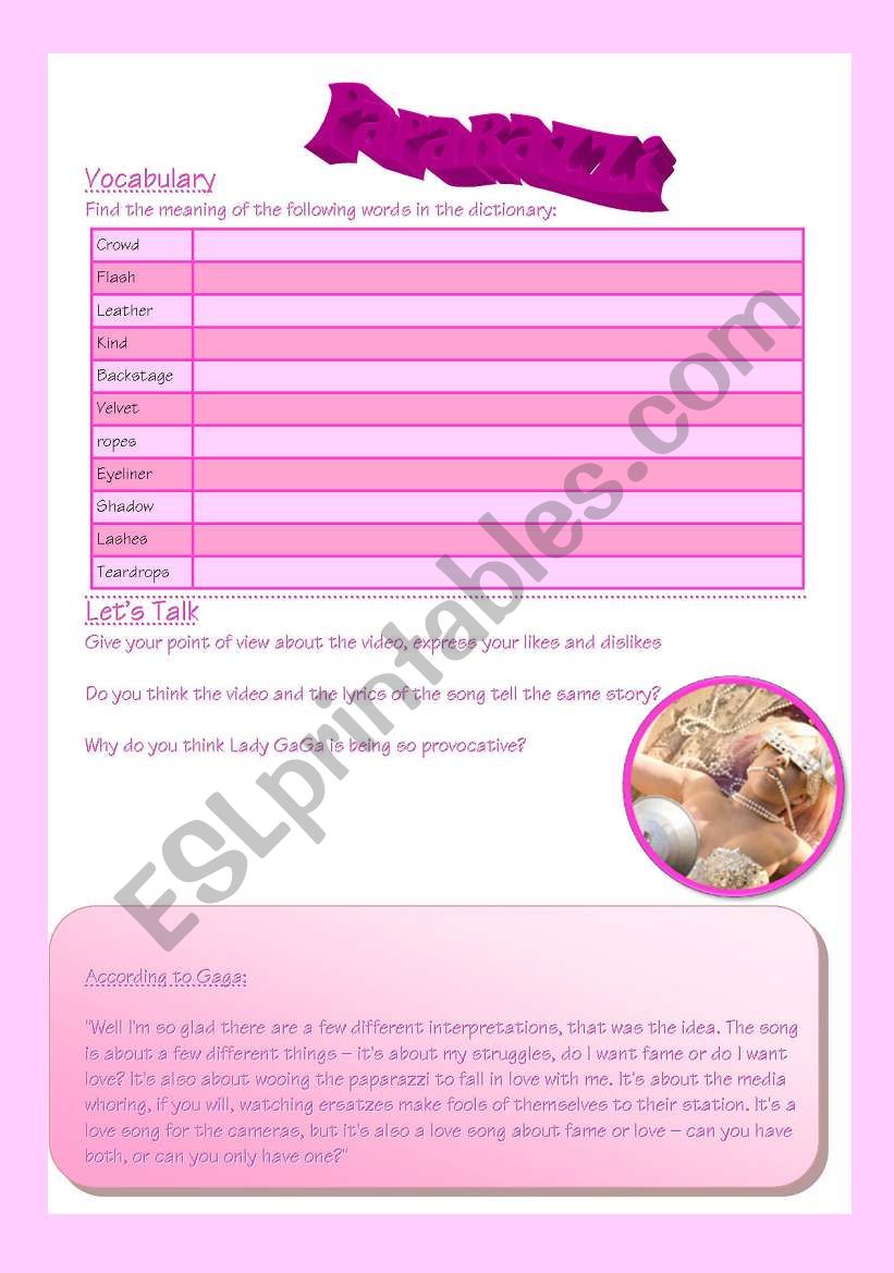 Lady Gaga - Paparazzi Worksheet