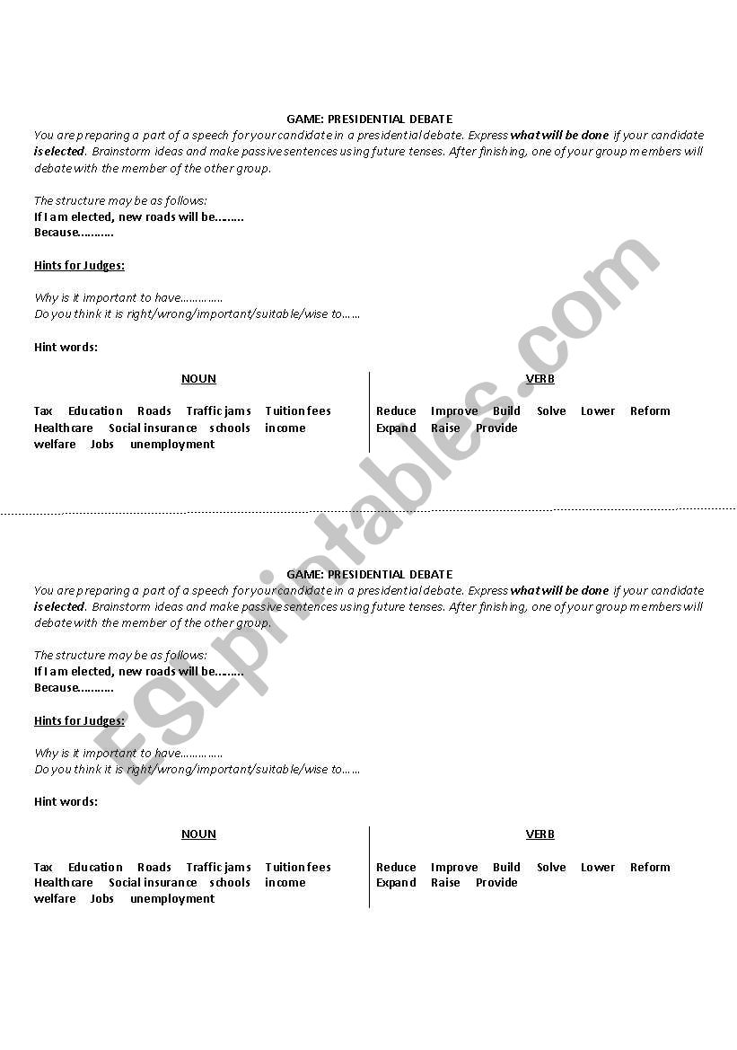 Game: Presidential Debate worksheet