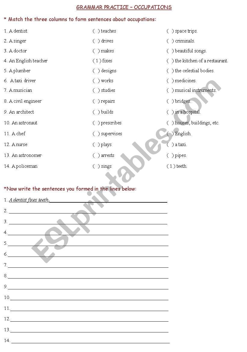 Match the occupations worksheet