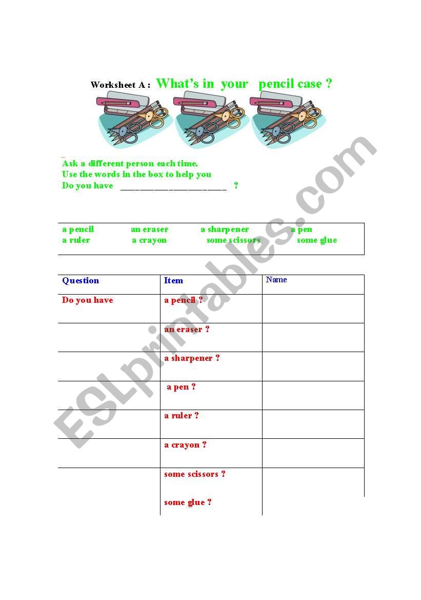 Whats in your pencil case ? worksheet