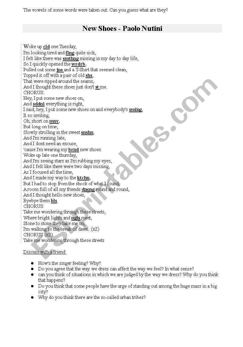Paolo Nutini - New Shoes worksheet