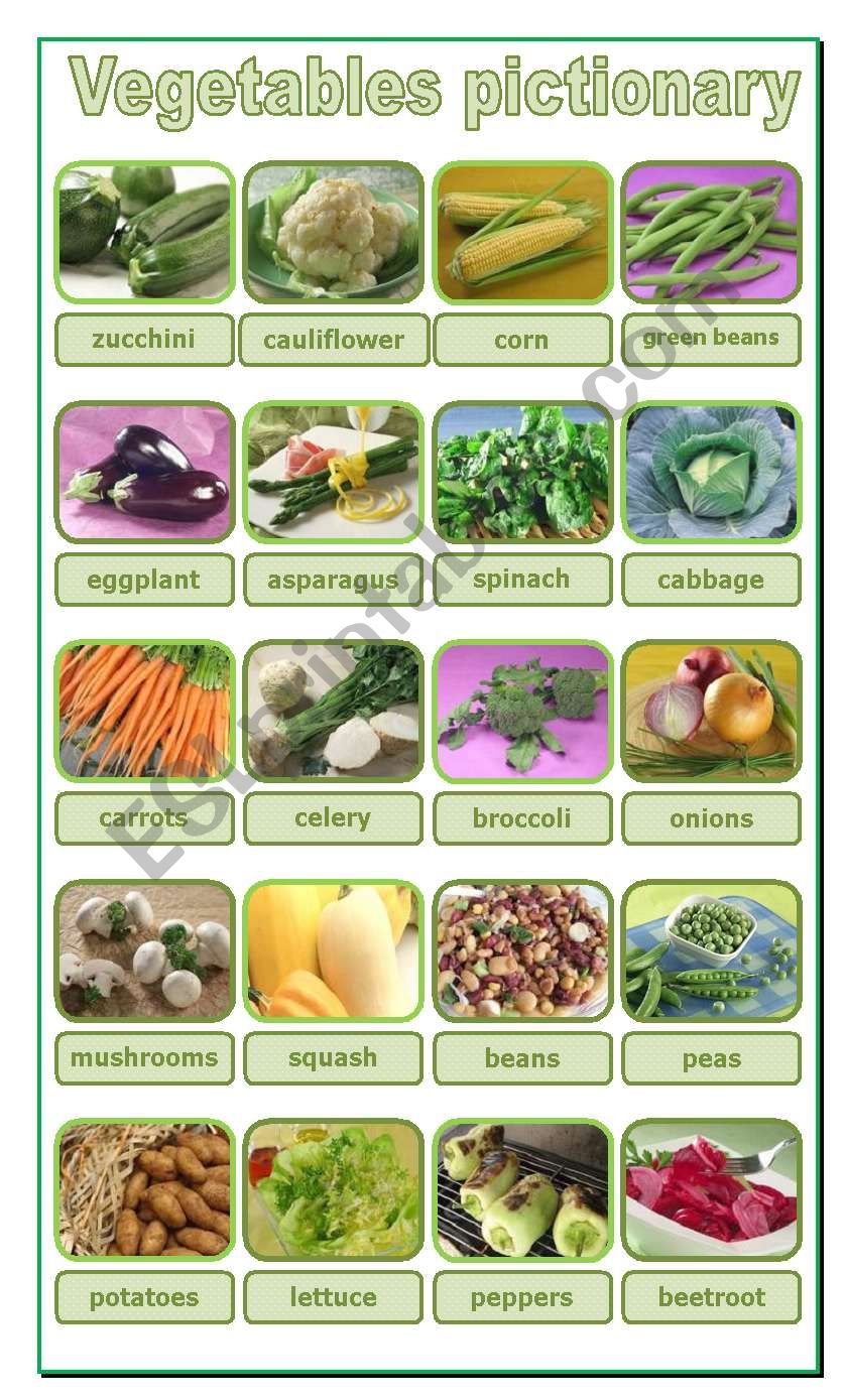 vegetables, pictionary worksheet