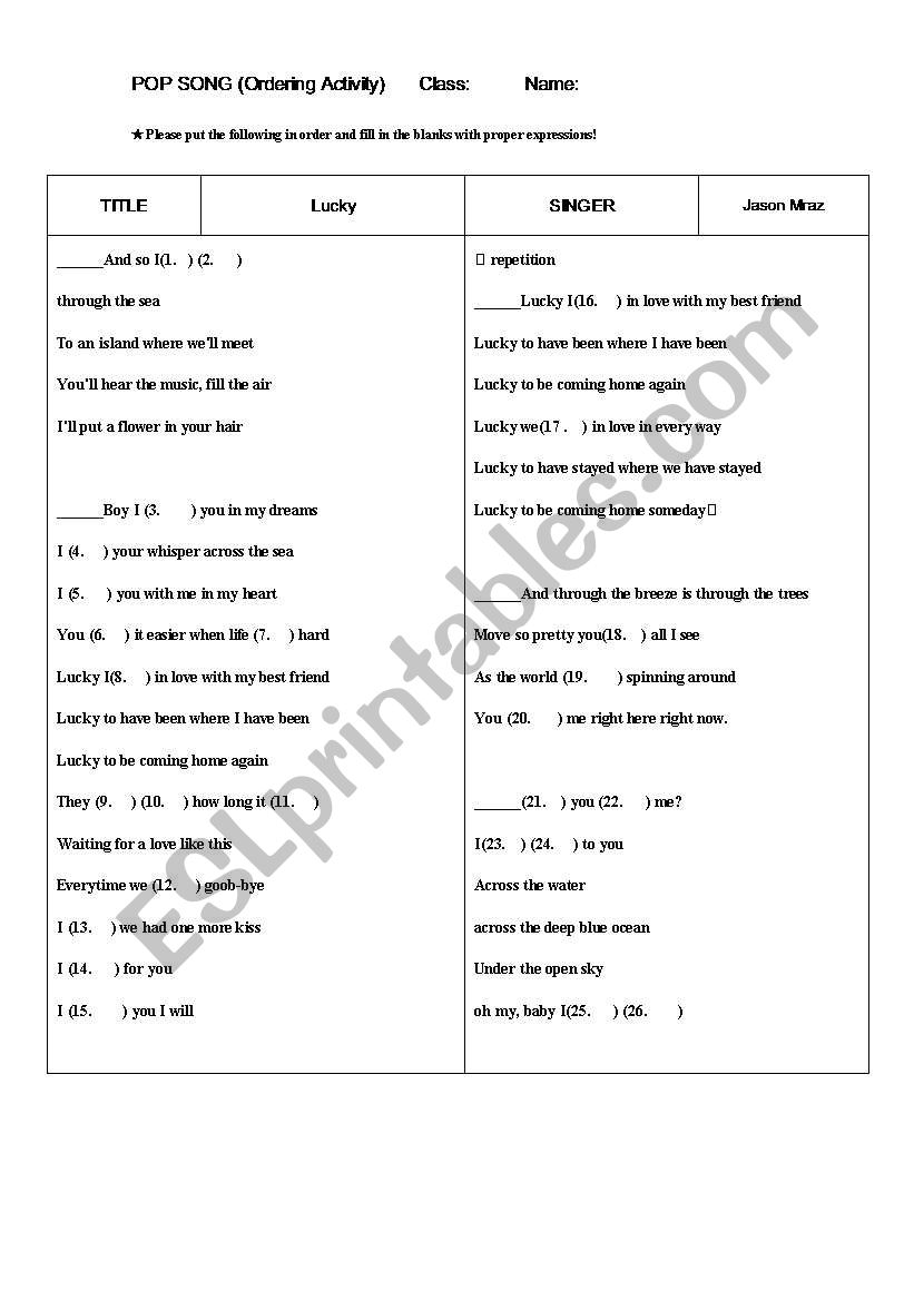 Pop Song (Ordering and Filling in the gaps) Activity (Lucky_Jason Mraz)