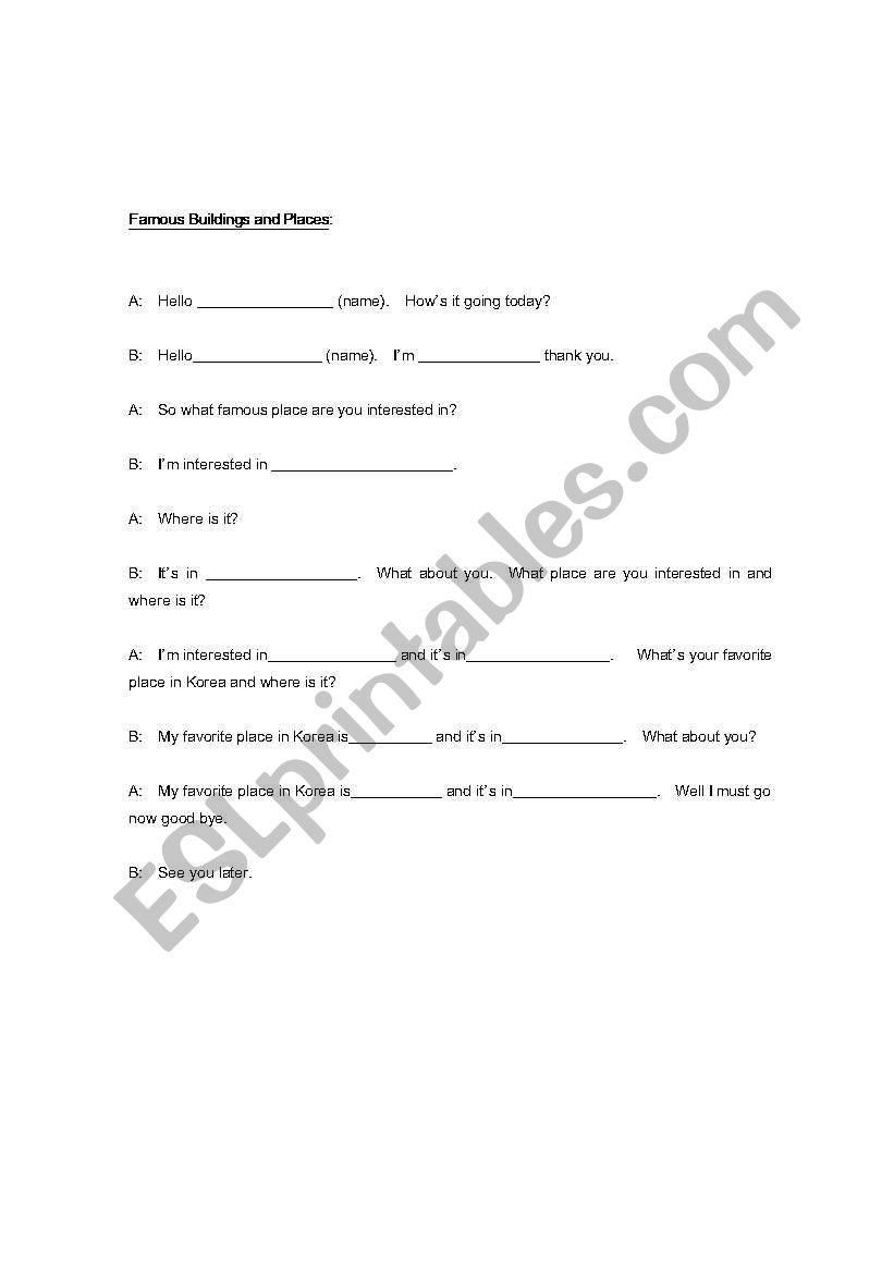 Famous Places Dialogue worksheet