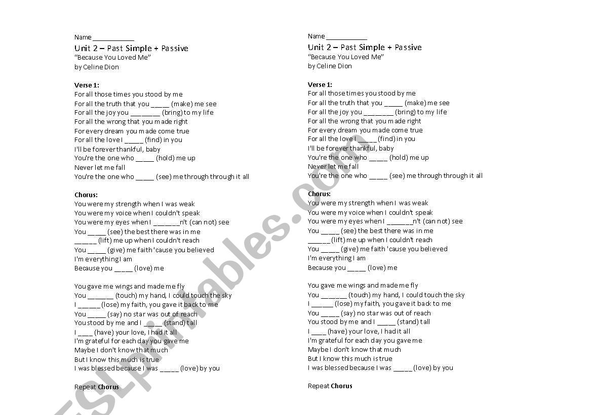 Past Simple and Past Passive - Celine Dion Because You Loved Me Lyrics Worksheet