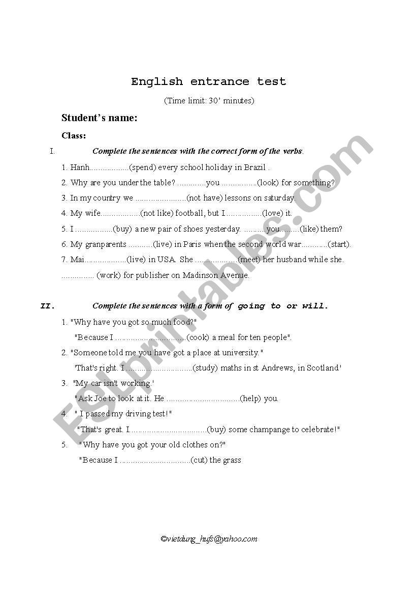 English test worksheet