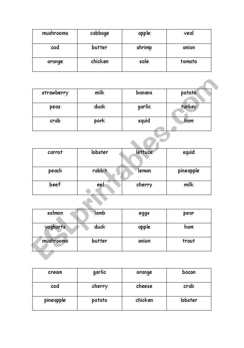 bingo worksheet