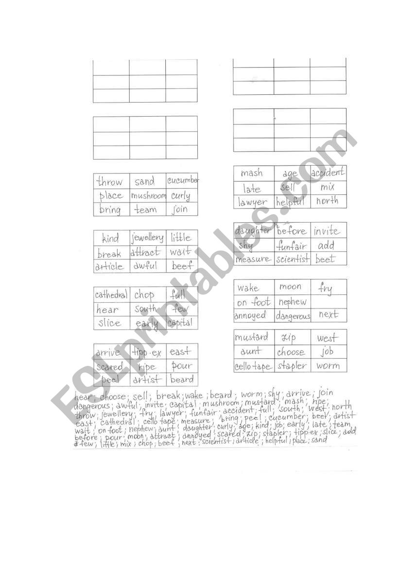 BingoWordGame worksheet