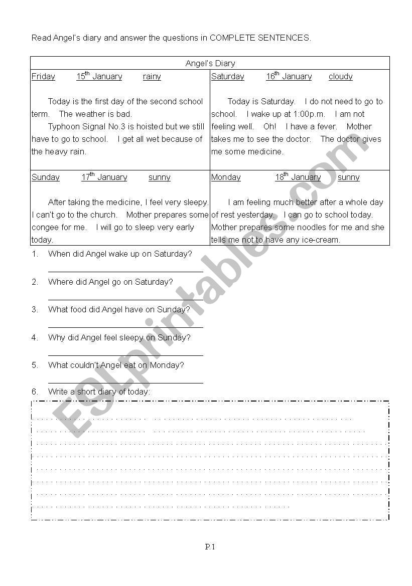 Angels Diary worksheet