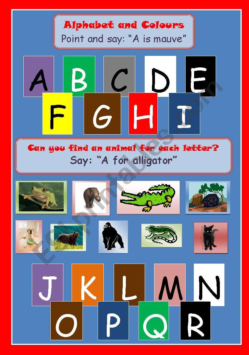 ALPHABET, COLOURS & ANIMALS worksheet