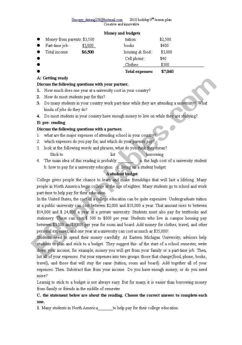students money and budget worksheet