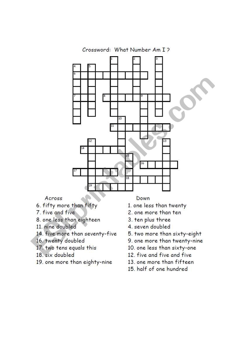 crossword puzzle for numbers worksheet