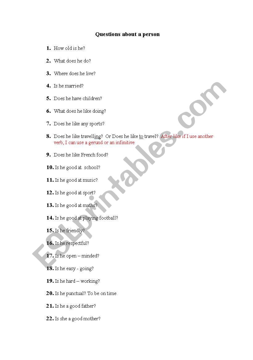 Questions about a person worksheet