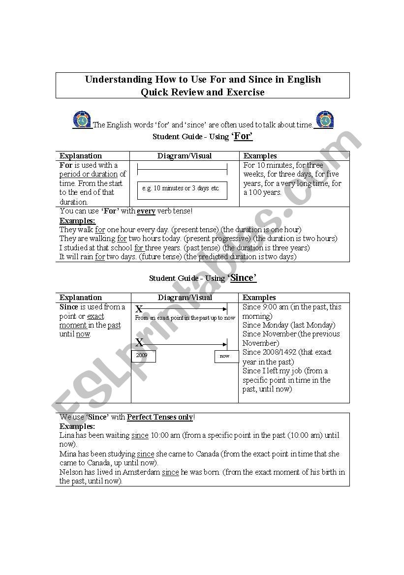 Understanding How to Use For and Since - Review,  Student Guide, Visuals, Exercise and Answer Key with Explanations