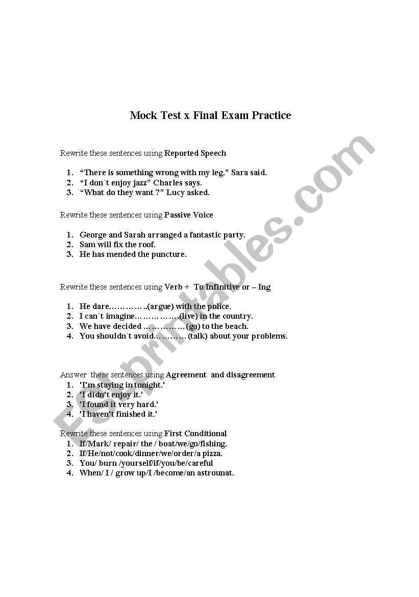 Mock Test x final evaluation worksheet