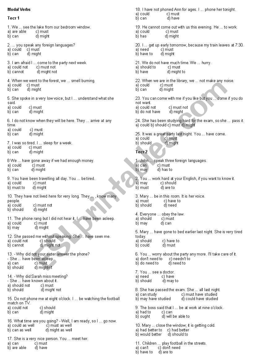 Test on Modal verbs worksheet