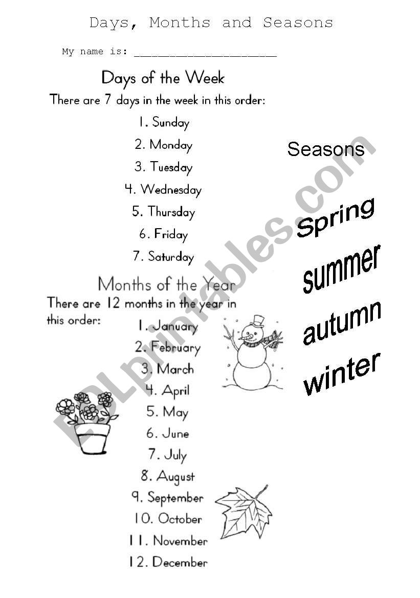 MONTHS-DAYS OF THE WEEK -SEASONS