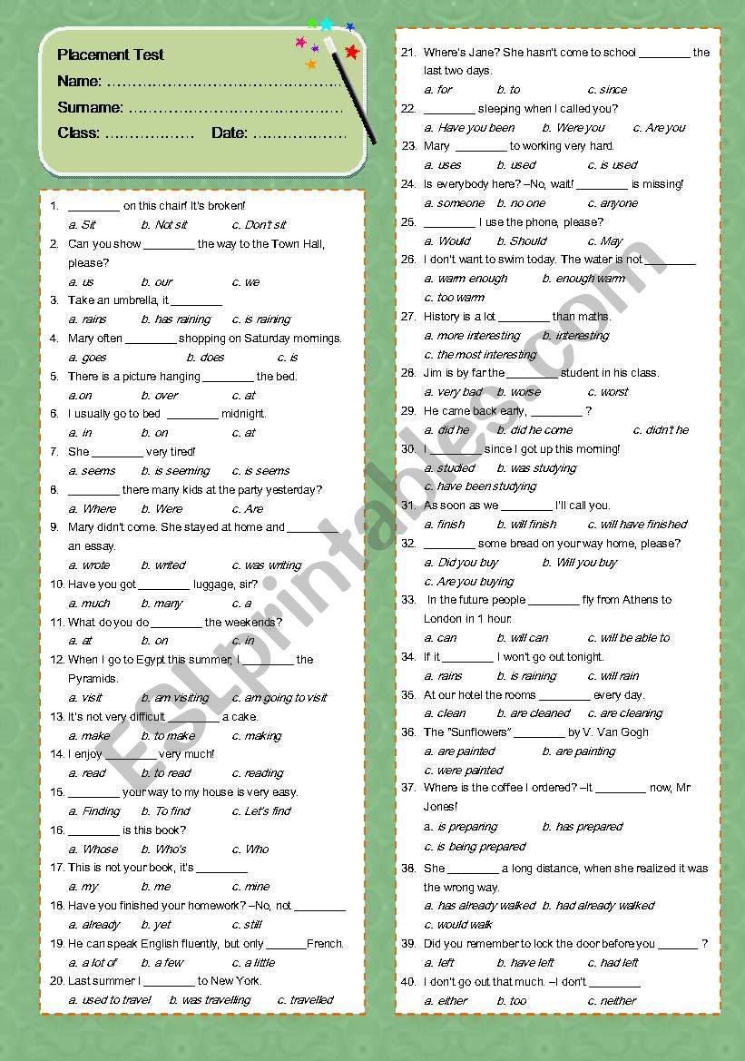 Placement Test worksheet