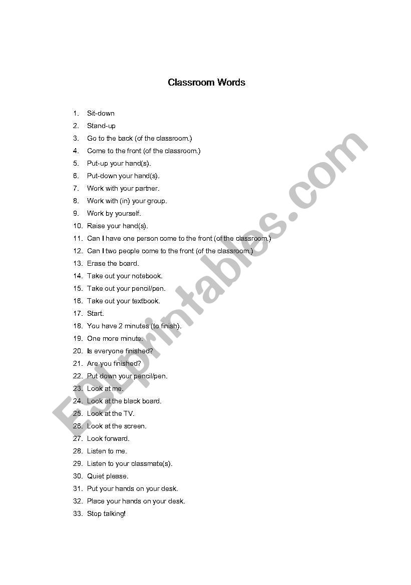 List of Classroom Phrases worksheet