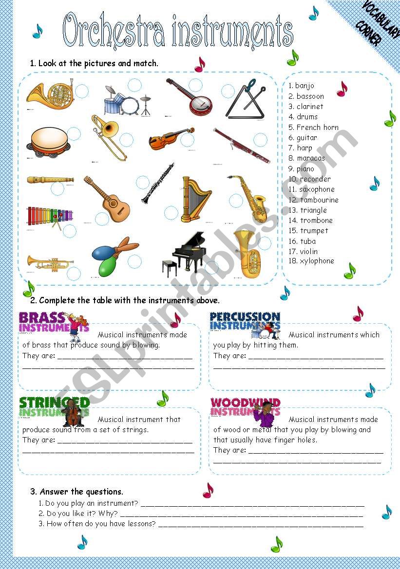 ORCHESTRA INSTRUMENTS worksheet