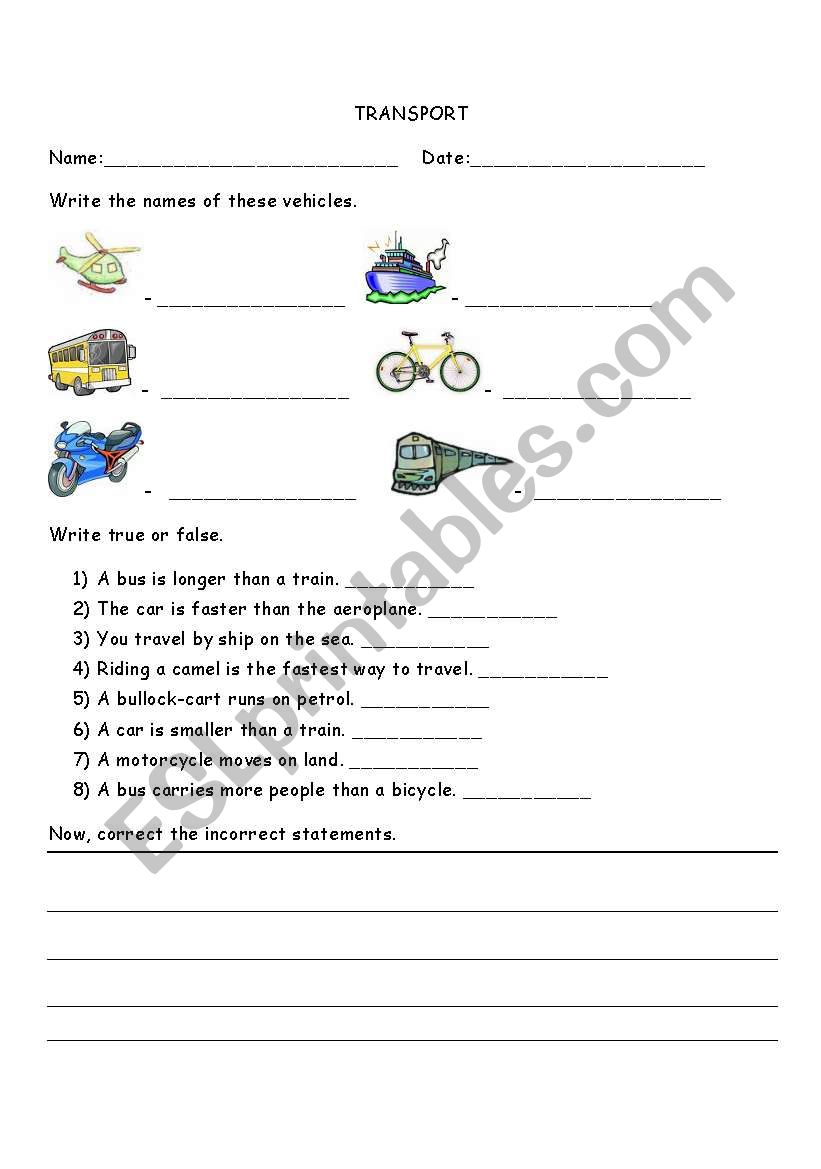 Transport- Means of vehicles worksheet