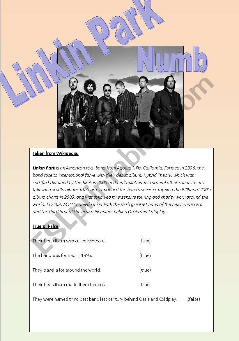 LINKIN PARK - NUMB worksheet