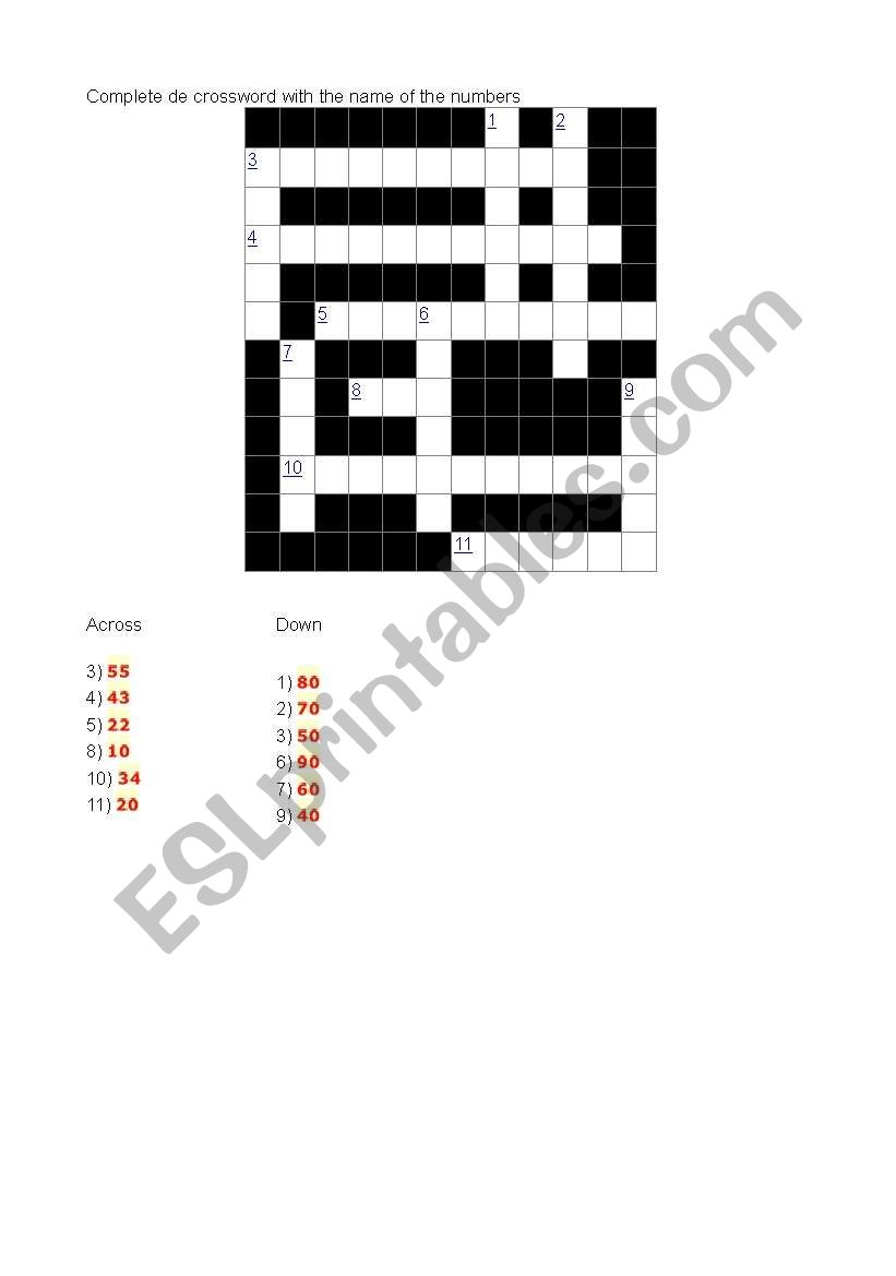 Numbers crossword worksheet