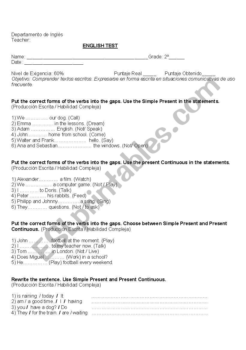 test simple present and present continuous