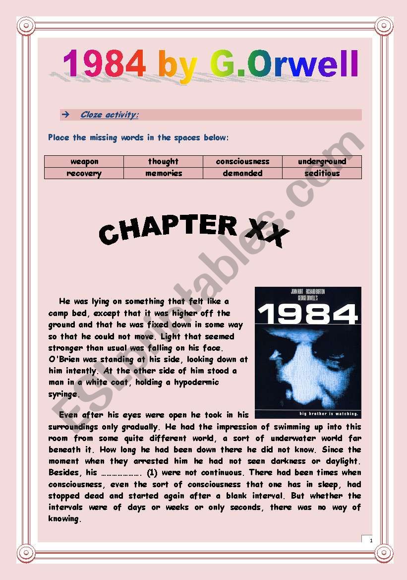 Reading time!!! 1984 by GEORGE ORWELL - Cloze activity 1 (Extract from chaper 20). (4 pages - KEY included)