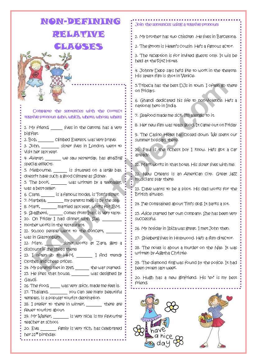 Non-defining relative clauses worksheet