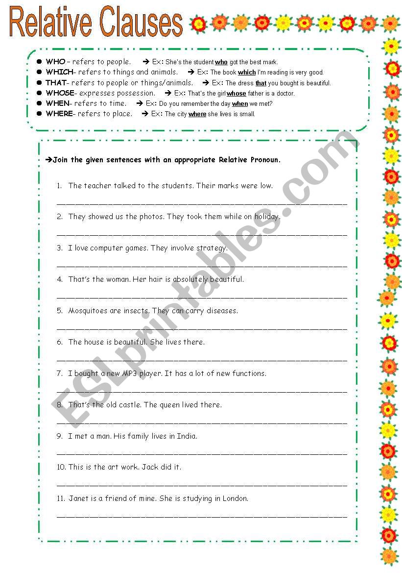 RELATIVE CLAUSES exercises worksheet