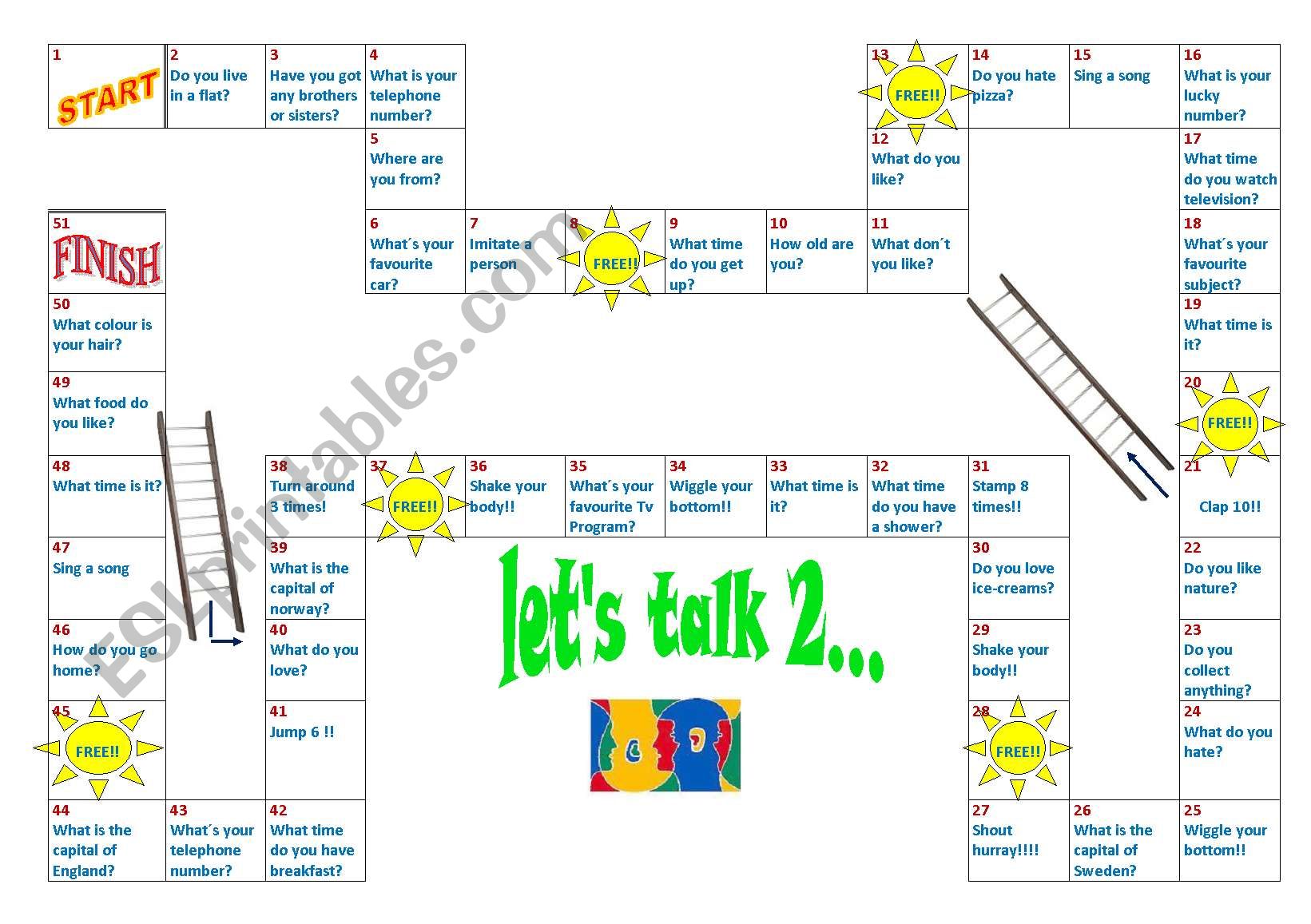 Lets talk 2 board game worksheet