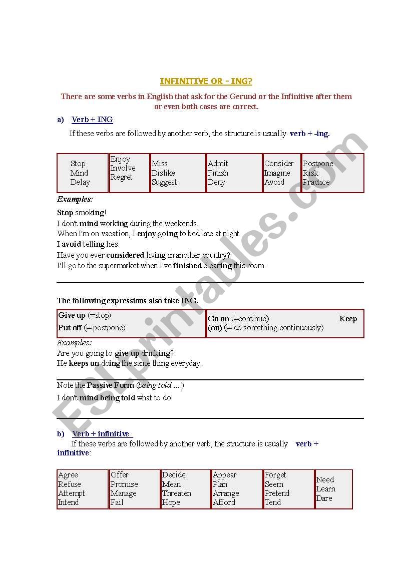 Infinitive or ING worksheet