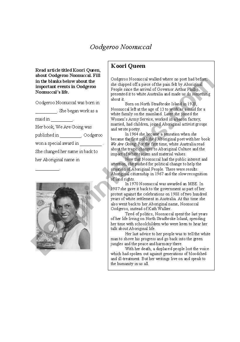 Oodgeroo Noonacal Reading- Adapted from HeadWay Australasia